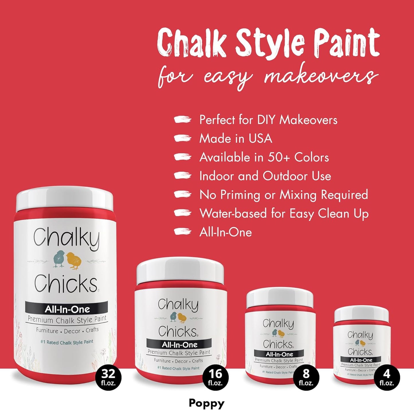 Chalky Chicks All-in-One Chalk Paint for Furniture or Cabinet - 4 Fl Oz - Matte Finish Poppy (Deep Red-Pink) for Metal, Wood Furniture Paint - No Sanding All-in-One for Home Decor & Crafts, USA Made
