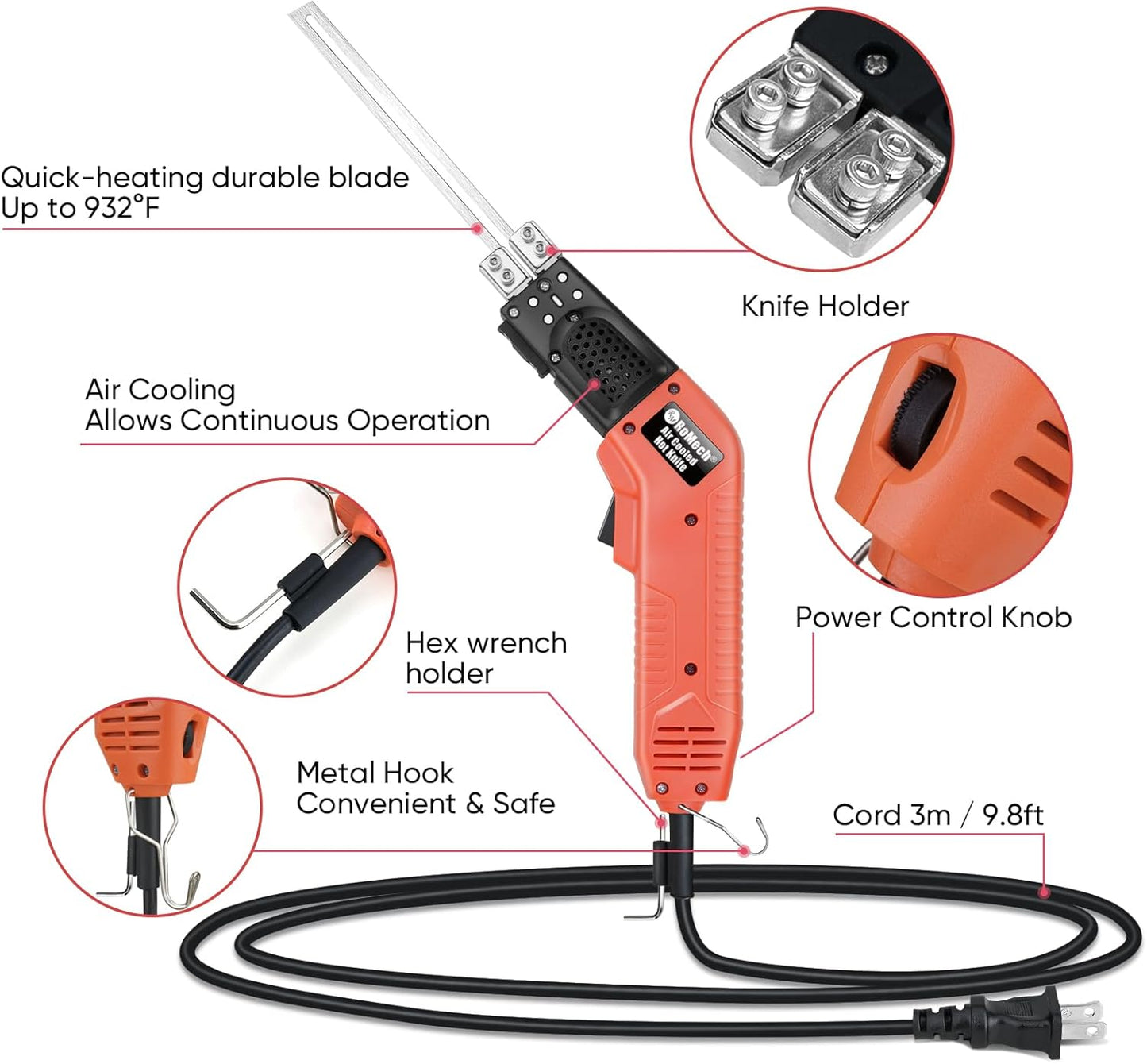 ROMECH Foam Cutter Pro Electric Hot Knife, 200W Air Cooled Styrofoam Cutting Tool Kit- with Heavy-duty Case Blades & Accessories RM-009 (200W Air Cooled)