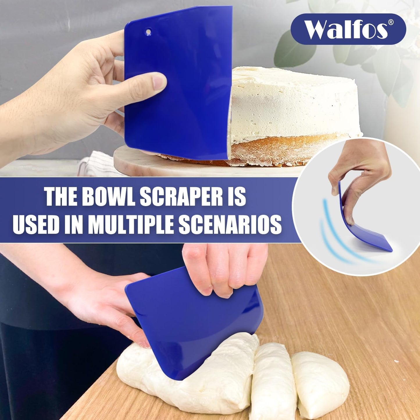 Walfos Dough Scraper Set of 3, Flexible Silicone Bowl Spatula, Kitchen Plastic Bench Dough Scraper Tool for Bread Dough, Sourdough, Cake, Fondant Icing, Blue & Teal/Aqua…