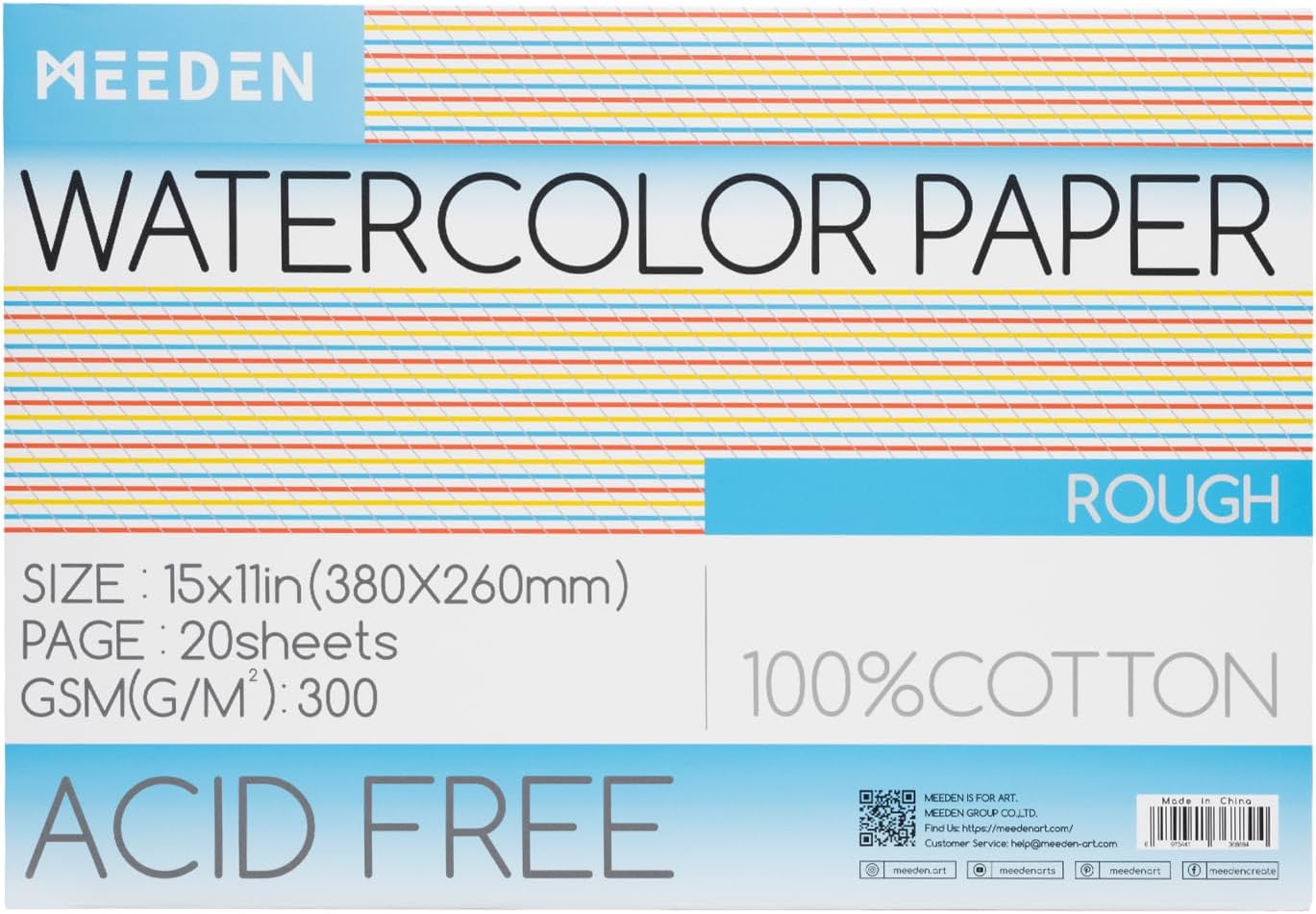 MEEDEN Watercolor Paper Block - 100% Cotton Watercolor Paper Pad of 20 Sheets, 140lb/300gsm, Acid-Free Art Paper for Watercolor, Gouache, Ink and More, 15" x 10" Rough