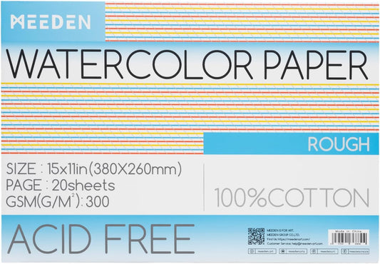MEEDEN Watercolor Paper Block - 100% Cotton Watercolor Paper Pad of 20 Sheets, 140lb/300gsm, Acid-Free Art Paper for Watercolor, Gouache, Ink and More, 15" x 10" Rough