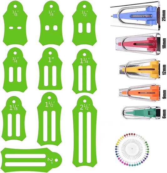 Bequilter Fabric Bias Tape Maker Tools Set of 15 Size Fabric Sewing Quilting Bias Binding Maker Come with 40 pcs of Multi-Color Quilting Pins Jelly Roll Sasher Tool Set
