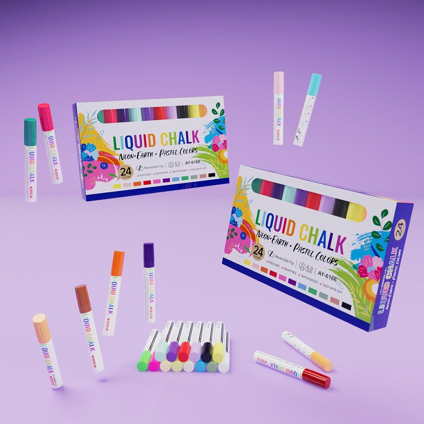 Chalk Markers for Blackboard 24 Colors Wet-Dry Erasable Liquid Chalk Marker, Dust Free Chalk Pen with 6mm Reversible Bullet & Chisel Tip for Car, Window, Glas, Whiteboard, Chalkboard, Mirror, Calendar