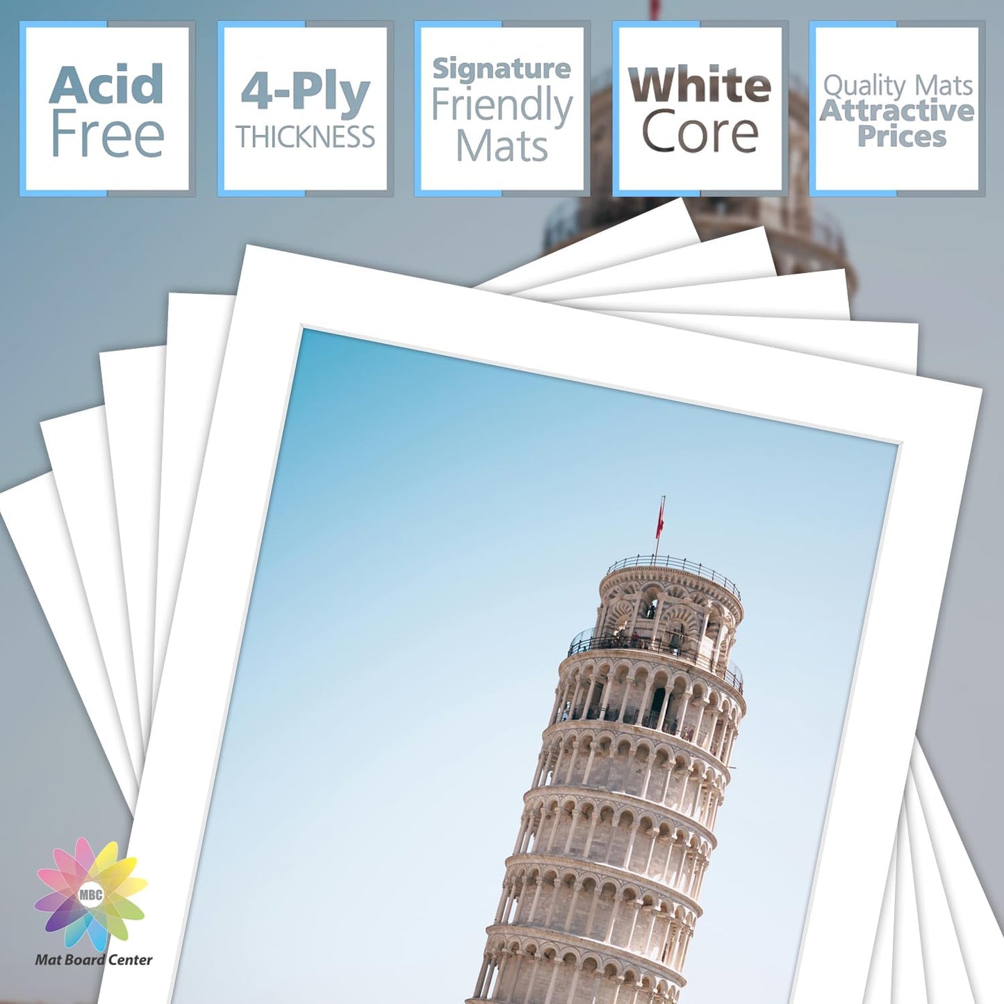 MBC Mat Board Center, 5 Pack 8x10 for 7x9 White Picture Mats Frame Mattes, Bevel Cut, Acid Free, 4-ply Thickness