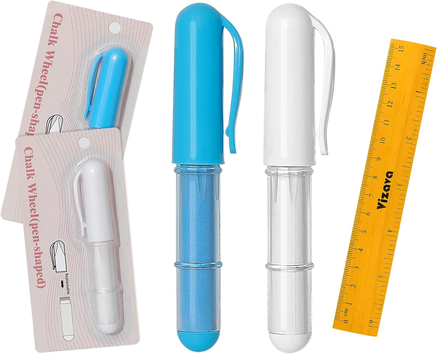 Fabric Chalk Markers for Sewing,Quilting,Crafting|Erasable Tailor’s Chalk|Work on Various Fabrics|Dosing Wheel Drawing Intricate Patterns Precise Lines-Per Pack(Blue,White and 1 Ruler)