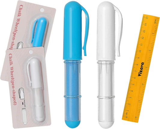 Fabric Chalk Markers for Sewing,Quilting,Crafting|Erasable Tailor’s Chalk|Work on Various Fabrics|Dosing Wheel Drawing Intricate Patterns Precise Lines-Per Pack(Blue,White and 1 Ruler)