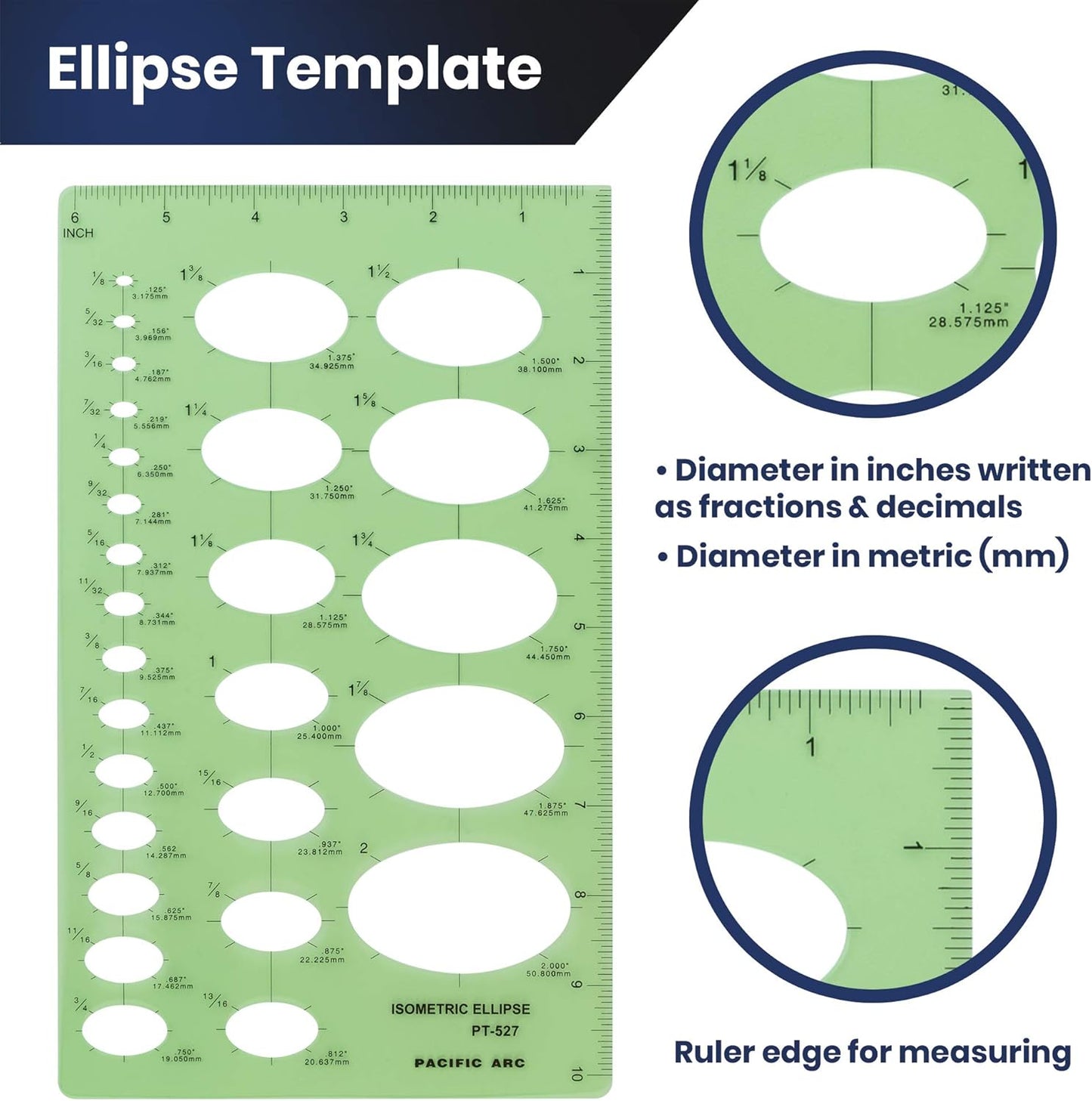 Pacific Arc Isometric Ellipse Guide Template, 27 Total Ellipse from 1/8 Inch to 2 Inch with Inch Graduations