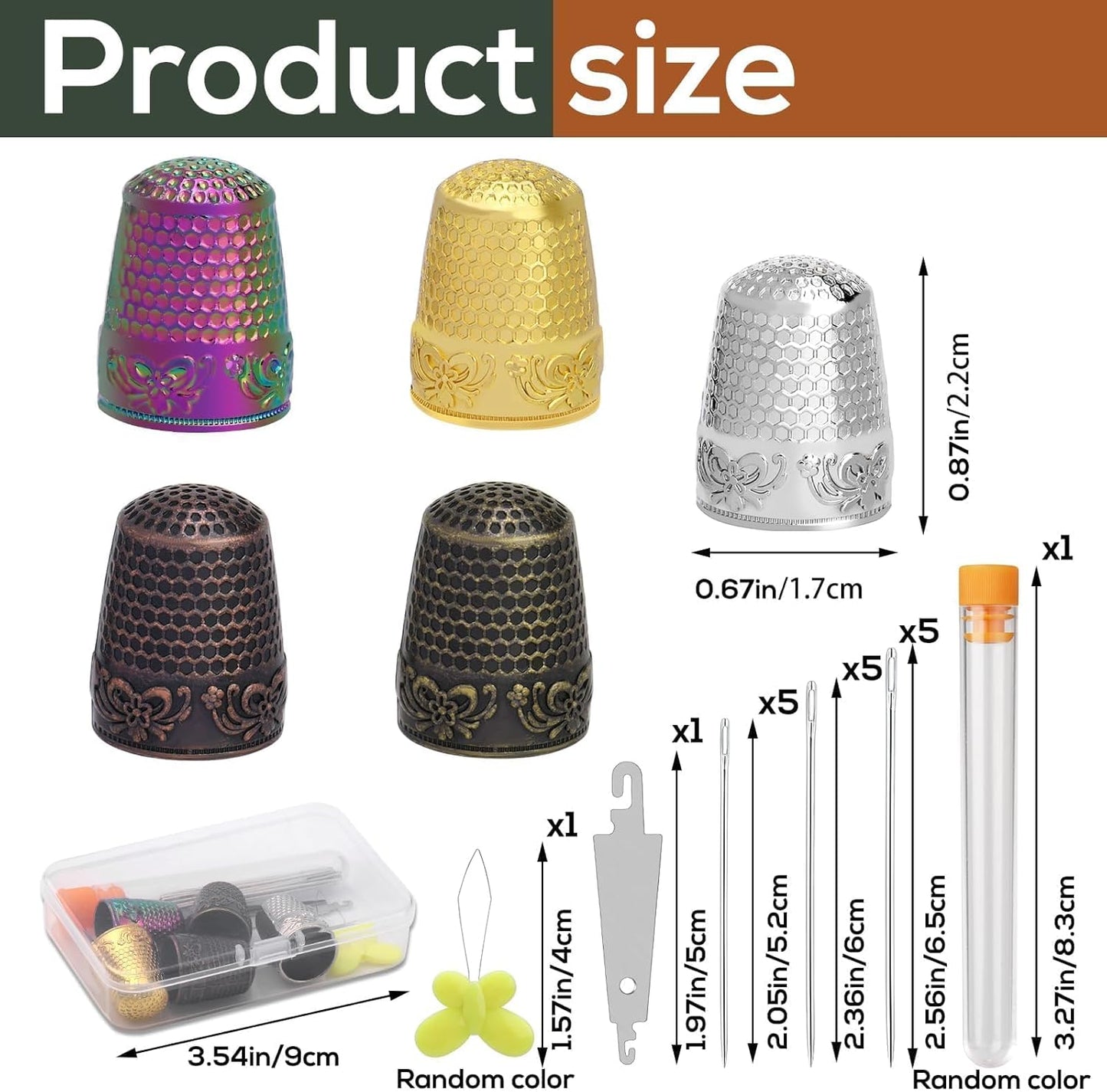 Nitlak 24 Pcs Metal Sewing Thimbles for Hand Sewing, Metal Finger Protectors, Sewing Thimble Ring with Needle Threader, Needles with Storage Container, Plastic Storage Box for Hand DIY Sewing