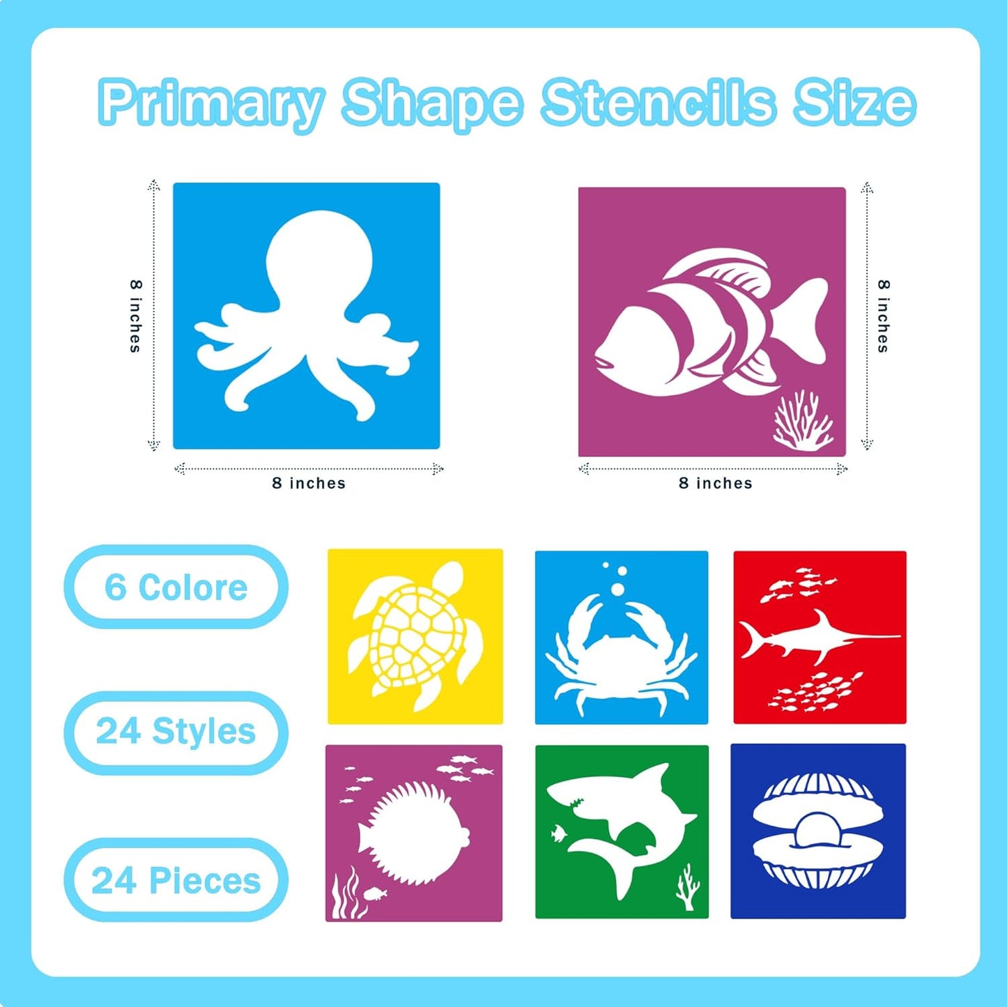 24 Pieces Stencils for Kids,Large Drawing Stencils Chalk Template,8 Inches Washable Shape Template Kit for Crafts,Painting Drawing for Kids Toddlers Preschool(Ocean, 8 inch)