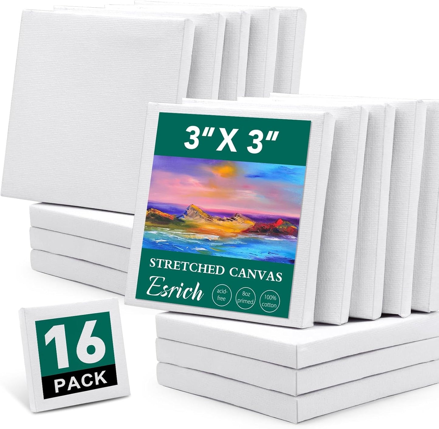 ESRICH Mini Stretched Canvas 16Pack 3x3inch, 2/5Inch Profile Art Primed Canvases for Painting, Cotton Small Professional Stretched Canvas for Kids and Art Supplies.