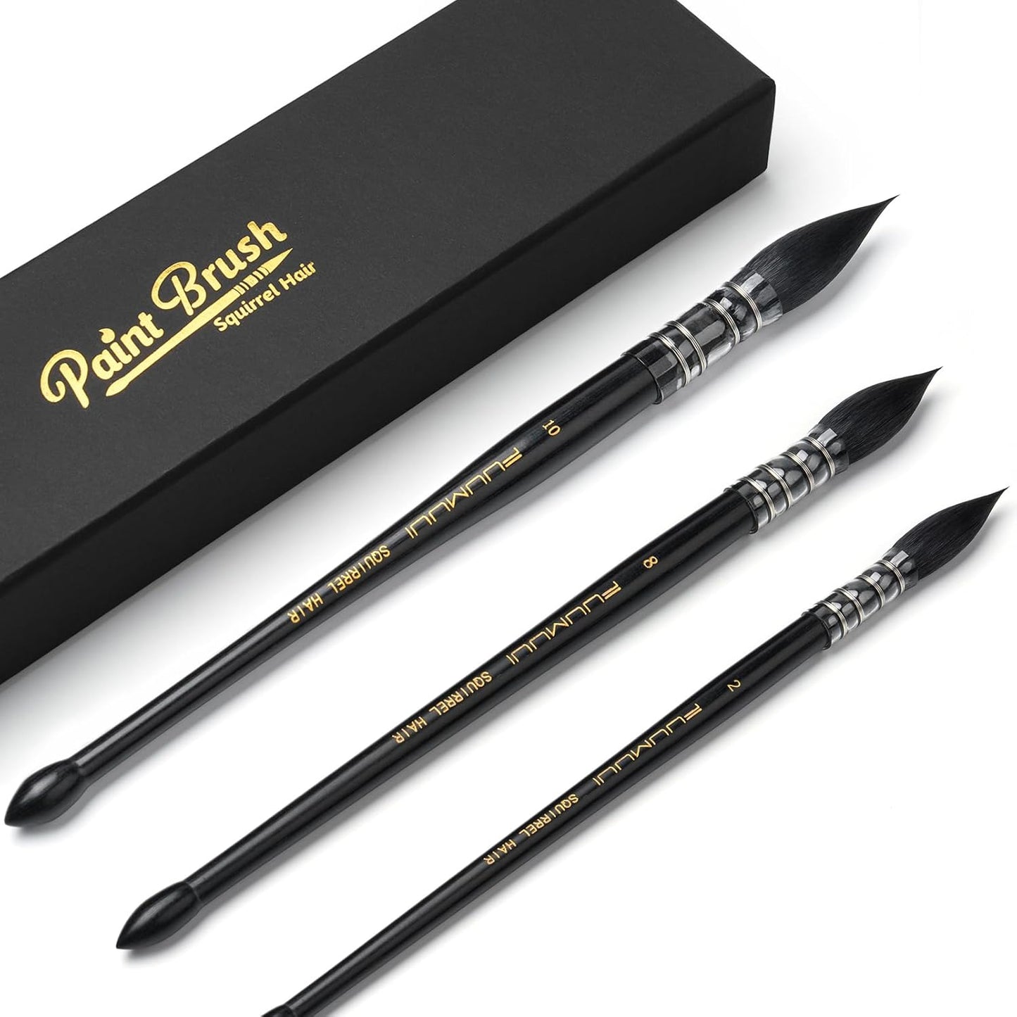 3PCS Squirrel Hair Watercolor Brushes, Fuumuui Professional Mop Round Quill Detail Fine Tip Watercolor Paint Brush Set for Water Color Gouache Ink Painting - Sizes #2, 8, 10