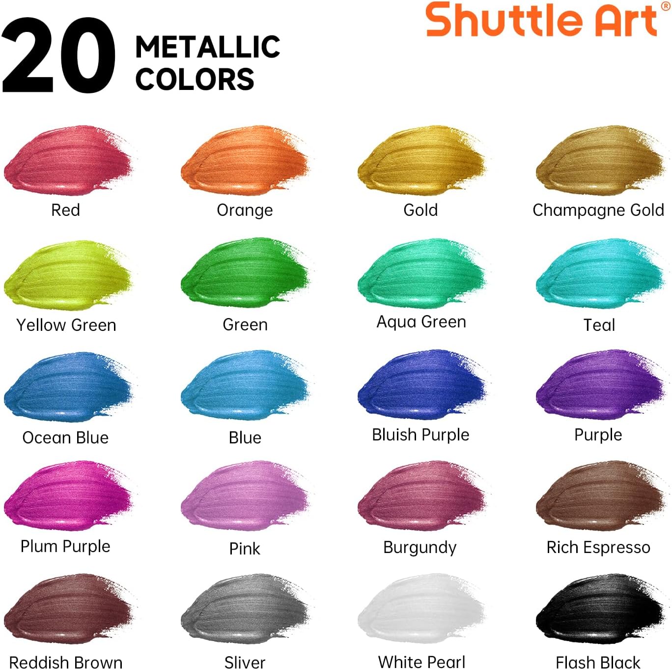 Shuttle Art Metallic Acrylic Paint Set, 20 Colors Metallic Paint in Bottles (60ml, 2oz) with 10 Brushes and 1 Palette, Rich Pigments, Non-Toxic for Artists, Beginners on Rocks Crafts CanvasWood Fabric