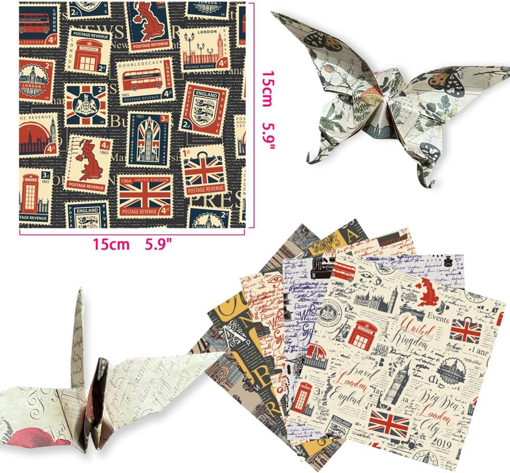 Square Origami Paper 6x6 Double Sided 50 Sheets 50 Colors 70GSM Origami Kit Japanese Chiyo Easy Fold Arts Crafts DIY Handwork Beginner Retro Newspapers