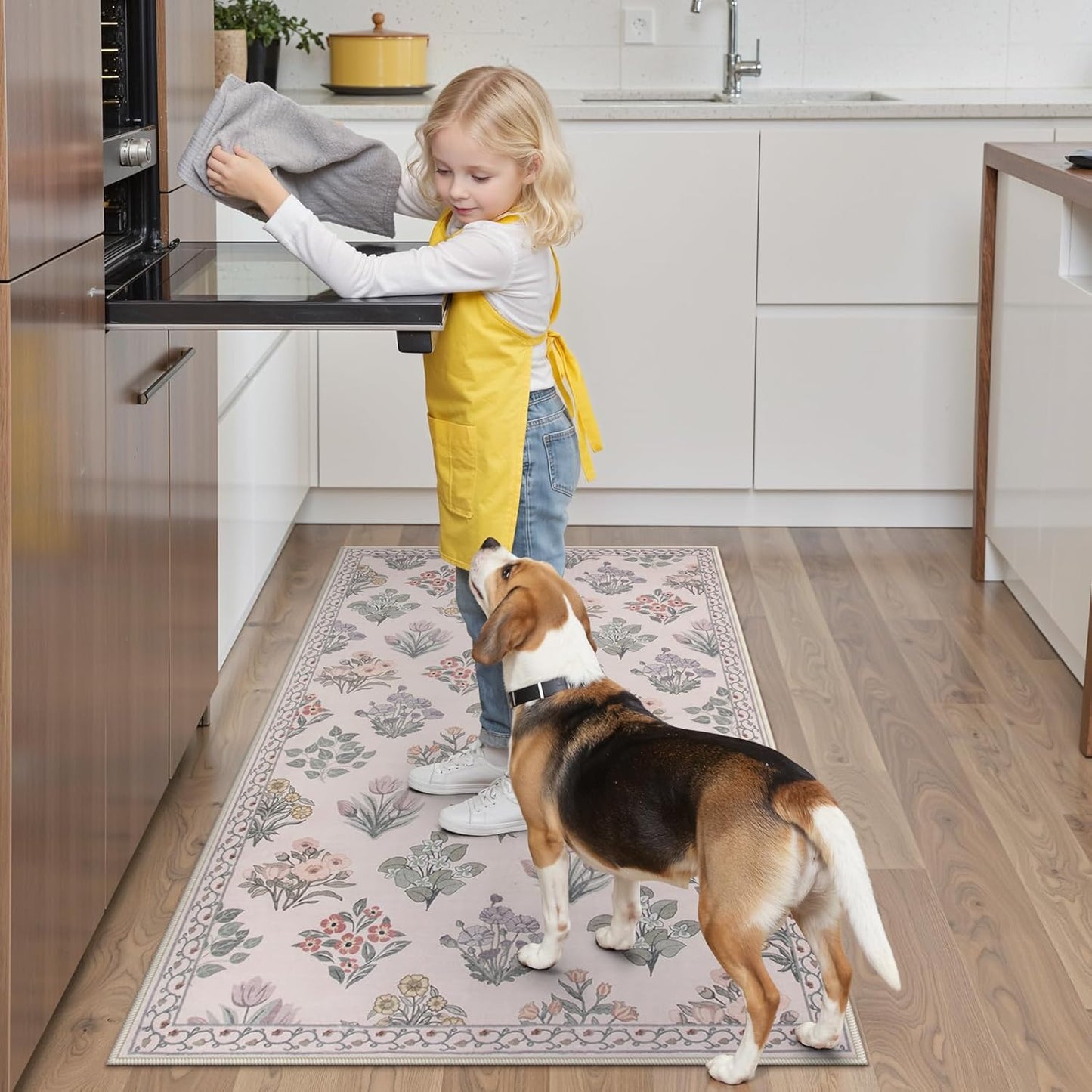 Wonnitar Boho Floral 3x5 Washable Rug, Ultra-Thin Pink Small Rugs for Bedroom, Soft Non Slip Moroccan Throw Carpet for Nursery Girls Bedside Dorm Room Decor, Pale Pink