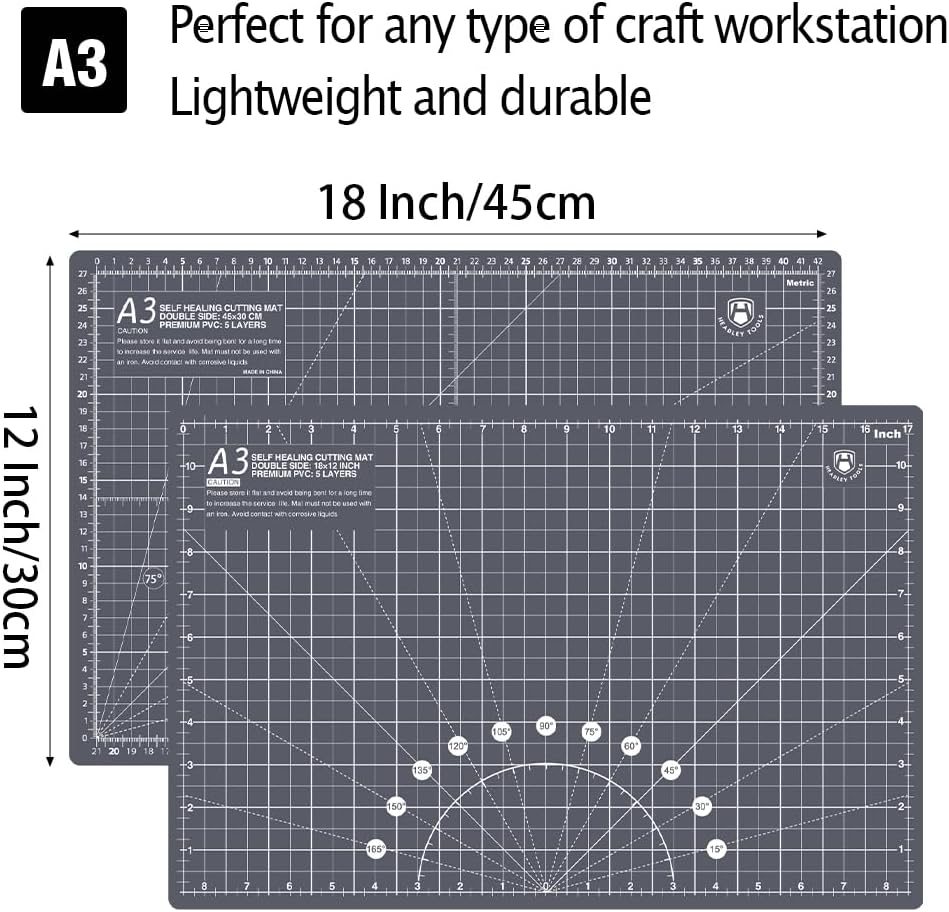 Headley Tools 18"x12" Thickened Self Healing Cutting Mat, A3 Rotary Cutting Sewing Mat for Crafts, Double Sided 5-Ply Table Cutting Board for Fabric Quilting Leather Arts Hobby Project, Grey