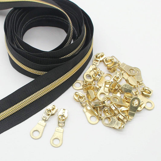 Leekayer #5 Gold Metallic Nylon Coil Zippers by The Yard Bulk 10 Yards Black Tape with 25pcs Gold Sliders for DIY Sewing Tailor Craft Bag(Black)