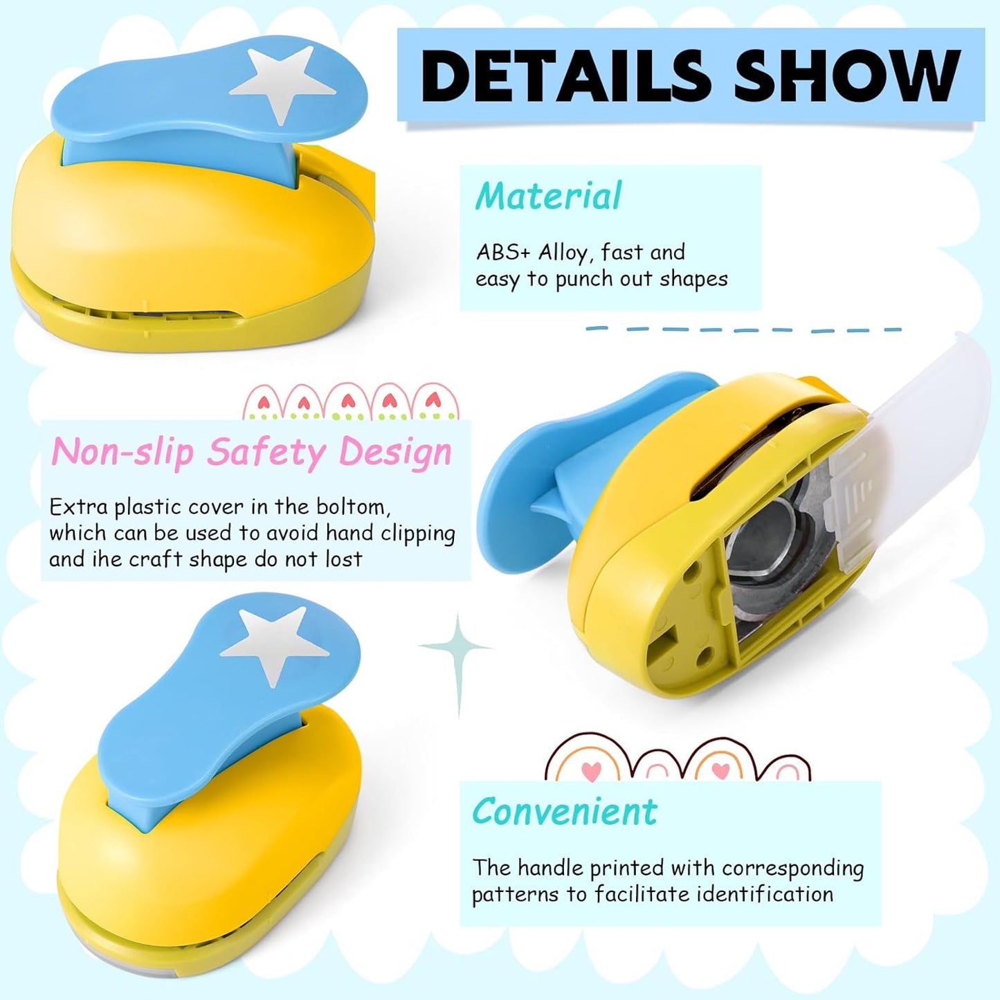 CHENGU 16 Pcs Craft Holes Punch Paper Punchers Scrapbook Punches with Craft Sticker Paper, Round, Star, Square, Heart, Flower, Wave Circle Shape (1 Inch,Fresh Style)