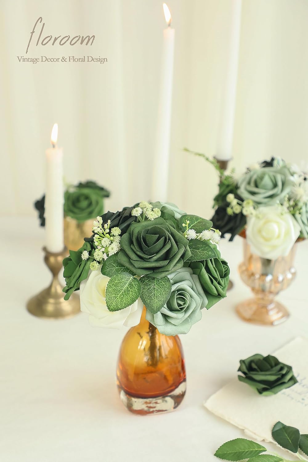 Floroom Artificial Flowers 50pcs Real Looking Elf Green Foam Fake Roses with Stems for DIY Wedding Bouquets Bridal Shower Centerpieces Sage Green Floral Arrangements Home Decorations