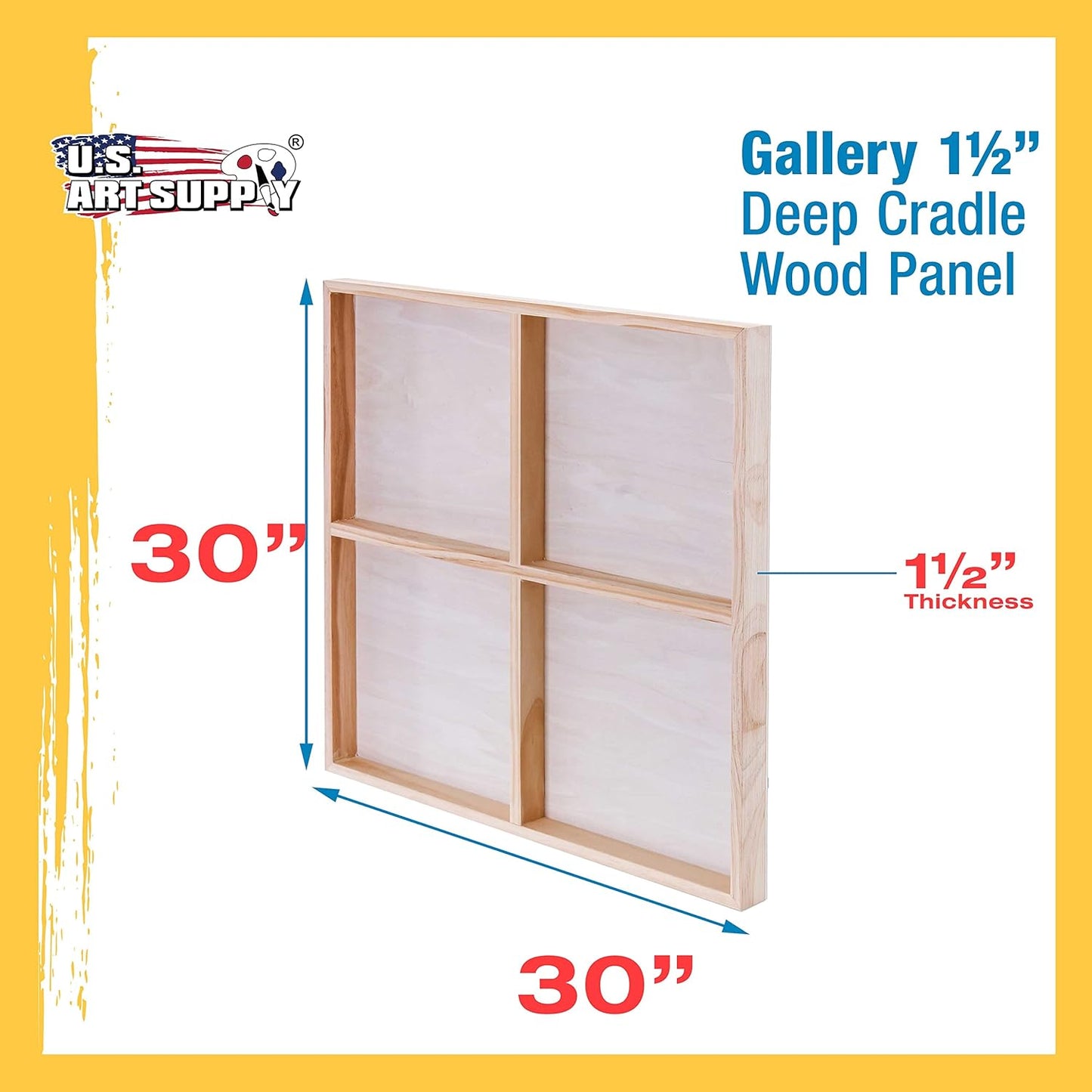 U.S. Art Supply Unfinished Cradled Wood Panels for Painting, 2 Pack of 30x30 inch - Gallery Birch Wooden Canvas Boards 1-1/2" Deep - Mixed-Media Craft, Acrylic, Oil, Encaustic, Paint Pouring