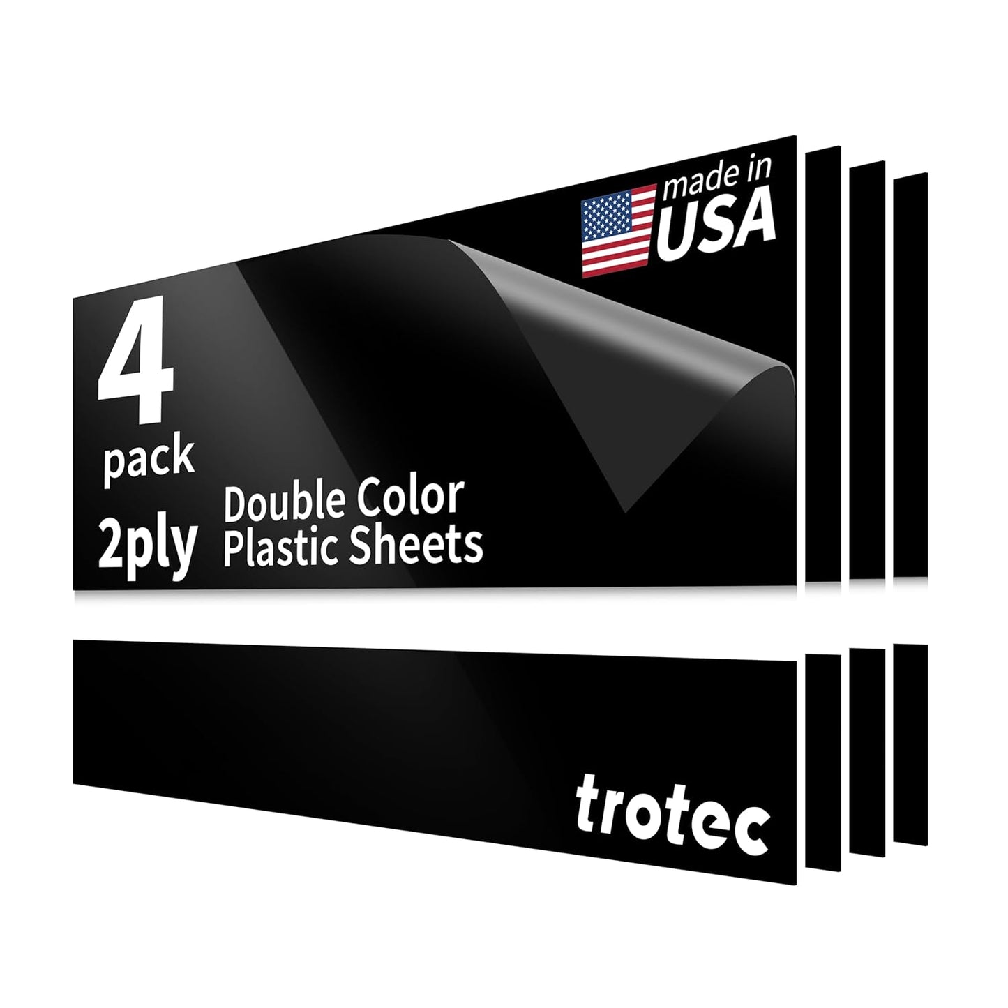 Trotec TroLase | 12"x24"x1/16", 4 Pcs | Gloss Black/White | 2 Ply | Modified Acrylic | Laser Engraving Double Color Plastic Sheet | Engraving Blanks for Laser, Saw, Guillotine | Made in USA