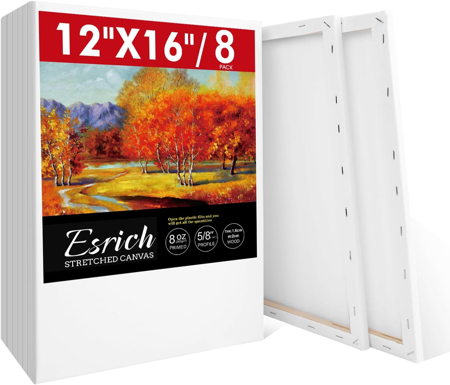 ESRICH 12x16 Stretched Canvas for Painting, 8 Pack Blank Canvases for Painting -5/8 in Profile Primed Cotton Painting Canvas for Oil & Acrylic Paint