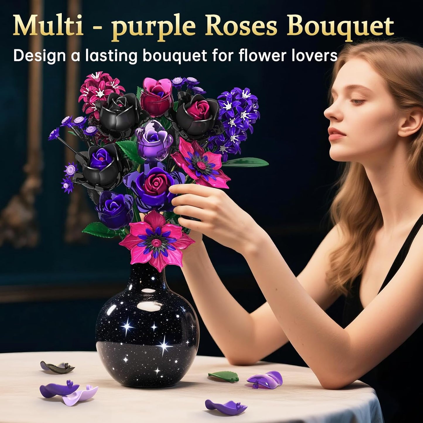 Gothic Rose Bouquet Building Set, Compatible with Lego Flowers, Halloween Botanical Collection for Home Decor, Creative Gifts for Valentine’s Day, Birthday & Teen Girl Gifts