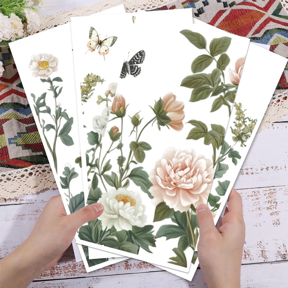 GLOBLELAND 4 Sheets Light Vintage Florals Furniture Transfer 11.8x5.9inch Butterflies Peonies Rub on Transfer Wildflowers UV Self-Adhesive Stickers Wall Art Craft for Bedroom Living Room Desk Table