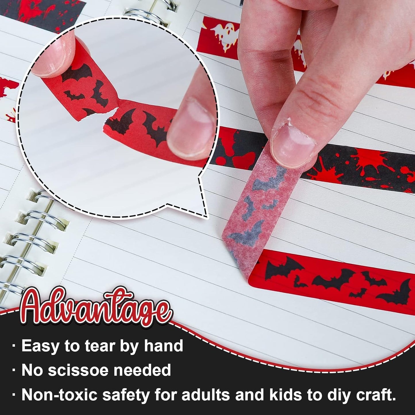 Whaline 12 Rolls Halloween Bloody Washi Tapes Blood Spatter Spooky Bloodstain Skull Ghost Masking Tapes 15mm Scary Bloody Washi Tape Set for Scrapbook Journal DIY Craft Gift Wrapping, 16.4Ft