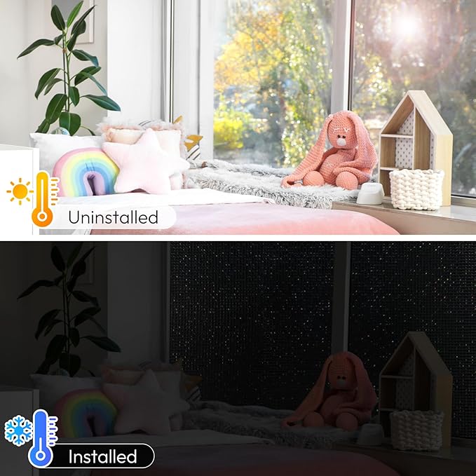 rabbitgoo Window Privacy Film Blackout Mosaic Static Cling Decorative, Removable Rainbow Window Film, Non-Adhesive Heat Control UV Blocking for Bathroom, 23.6 x 78.5 inches Black