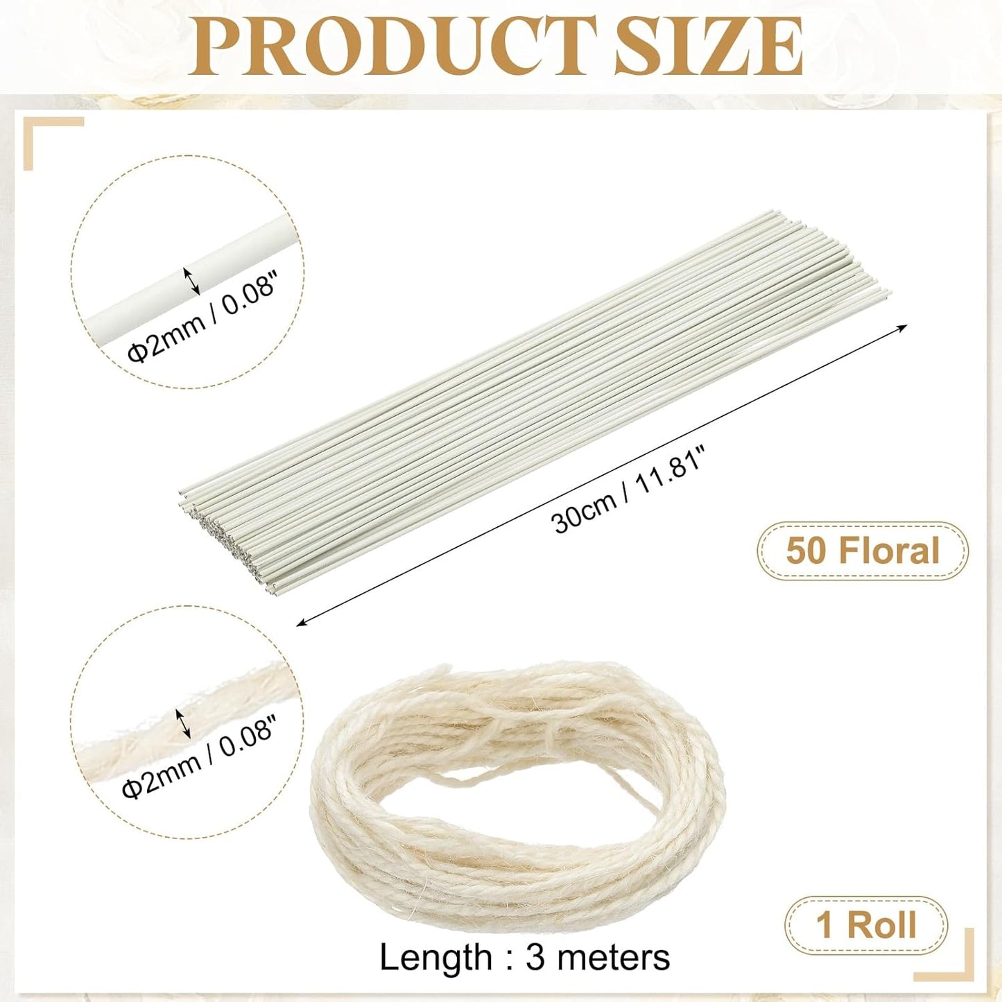 uxcell 50Pcs 2 Gauge Floral Wire, 11.81" Length Flower Stem Wires with 0.08" x 32.8ft Twine for Wreath Making, Flower Arrangement, White