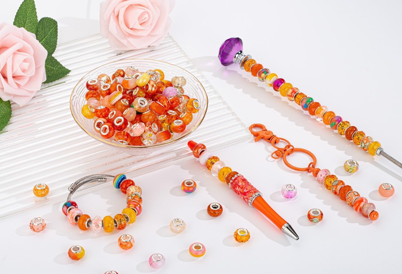 LAIDANLA Orange Mix Large Hole Beads, 100pcs 14mm x 5mm Round Resin, Plastic, Acrylic Loose Beads for Jewelry Making, DIY Gifts