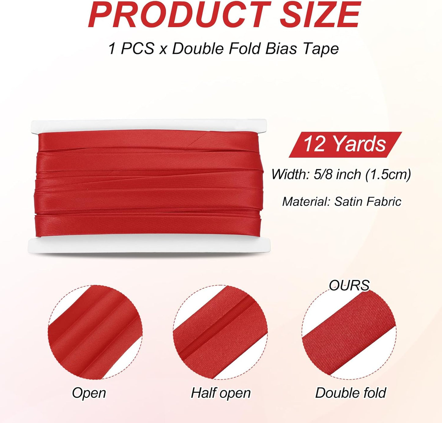 MECCANIXITY Double Fold Bias Tape for Sewing 5/8 Inch x 12 Yards Satin Pre-fold Continuous Binding Tape for Seaming Quilting Hemming Binding DIY Crafts, Red