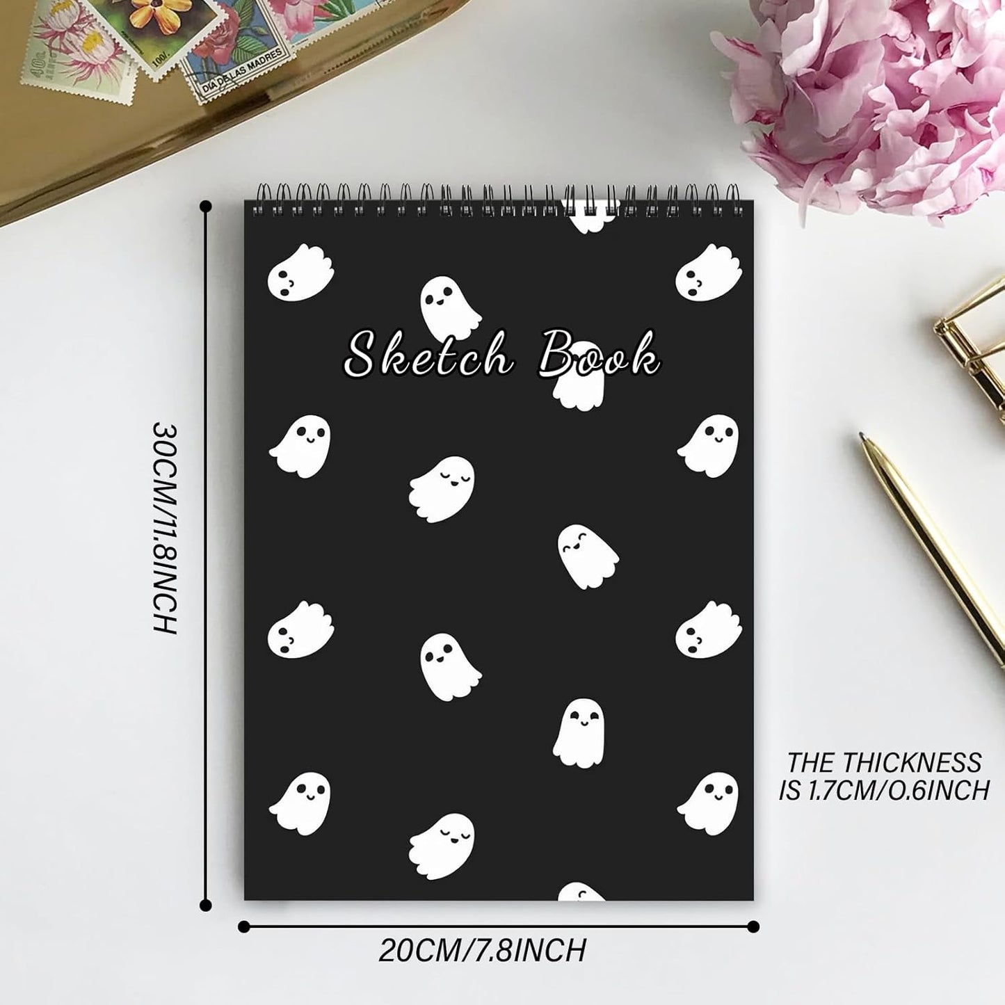 Cabreche Sketch Book Top Spiral Bound Sketch Pad, 9 x 12 inch,100GSM Thick Paper,50 Sheets 100 Pages,Art Sketchbook Artistic Aesthetic Writing Drawing Paper for Girls Women Cool Little Specter-Black