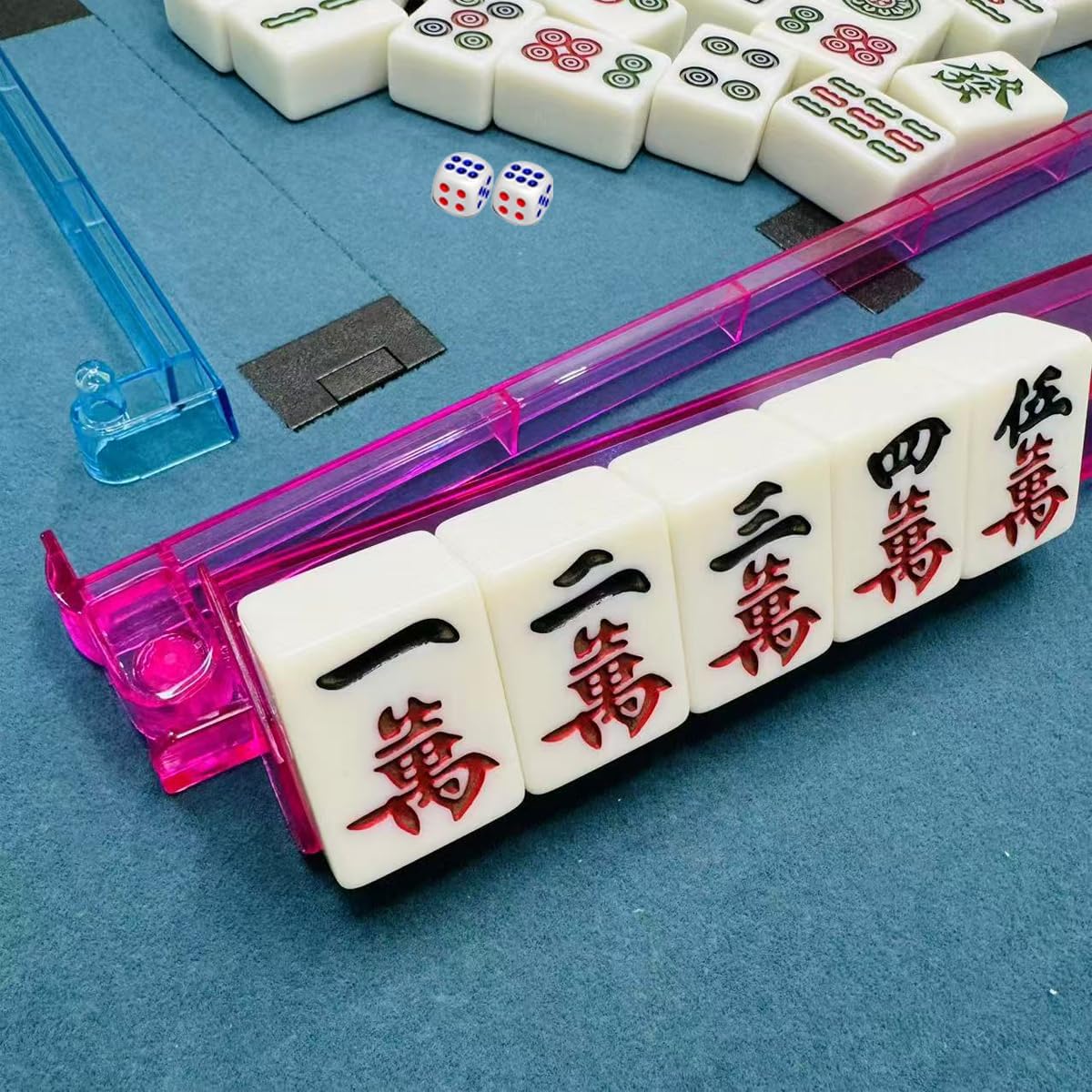 Mahjong All-in-One Tile Rack & Pusher, Clear Acrylic Mahjong Rack and Pusher Combo, Enhanced Mah Jongg Tile Holders Set of 4，Color，with 4 Dics