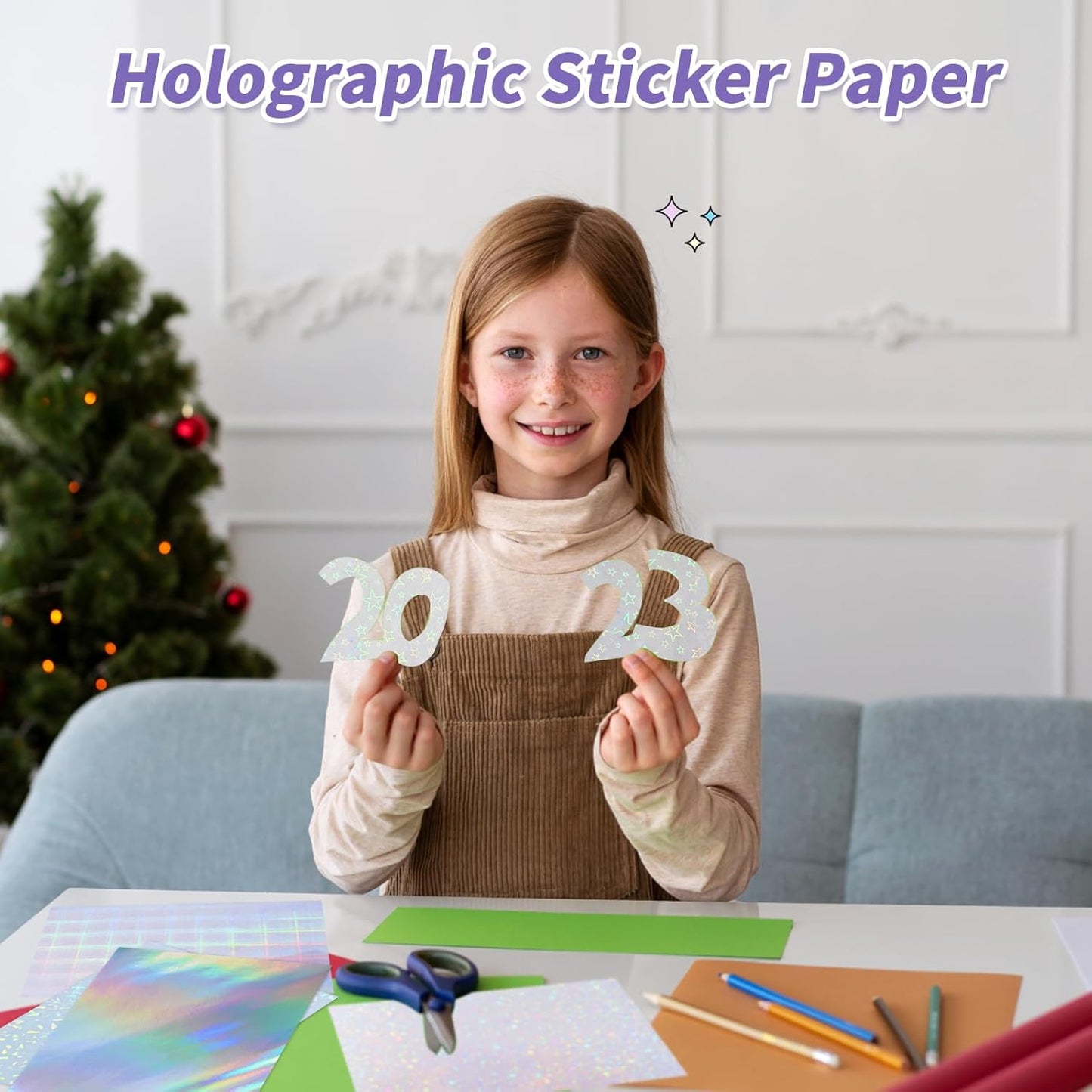 36 Sheets Holographic Sticker Paper,Holographic Laminate Sheets,A4 Size Clear Vinyl Sticker Sheets Self-Adhesive Rainbow Overlay Sheets,11.7 x 8.3 Inches（Five-Pointed Star）