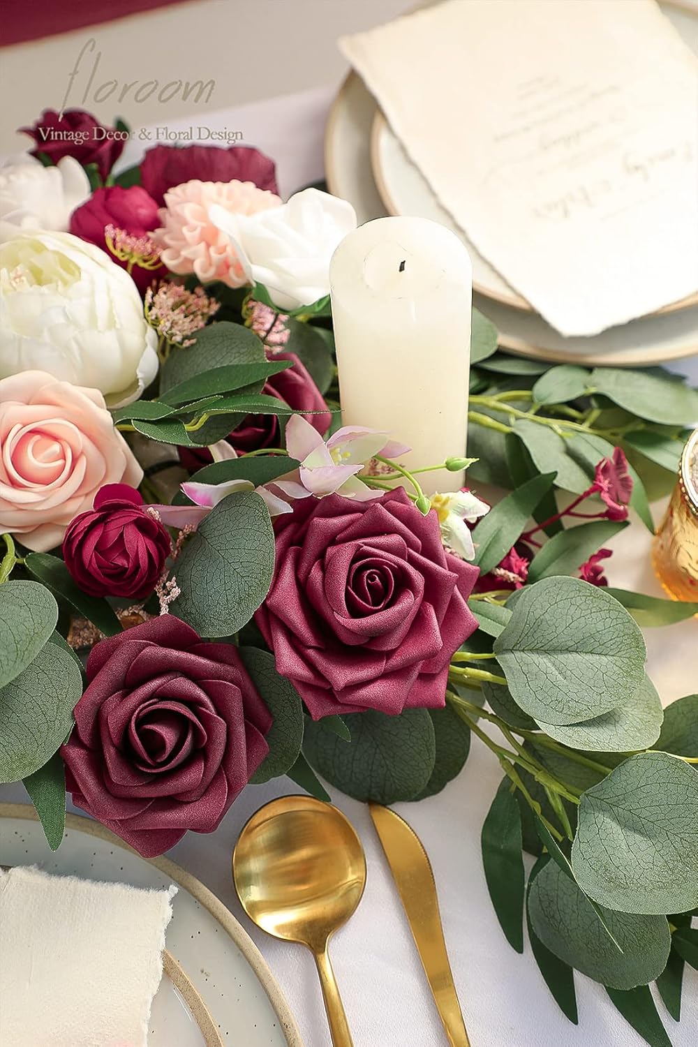 Floroom Artificial Flowers 16pcs 3.5" Real Looking Burgundy Foam Fake Hybrid Tea Roses with Stems for DIY Red Wedding Bouquets Bridal Shower Centerpieces Floral Arrangements Party Tables Decoration