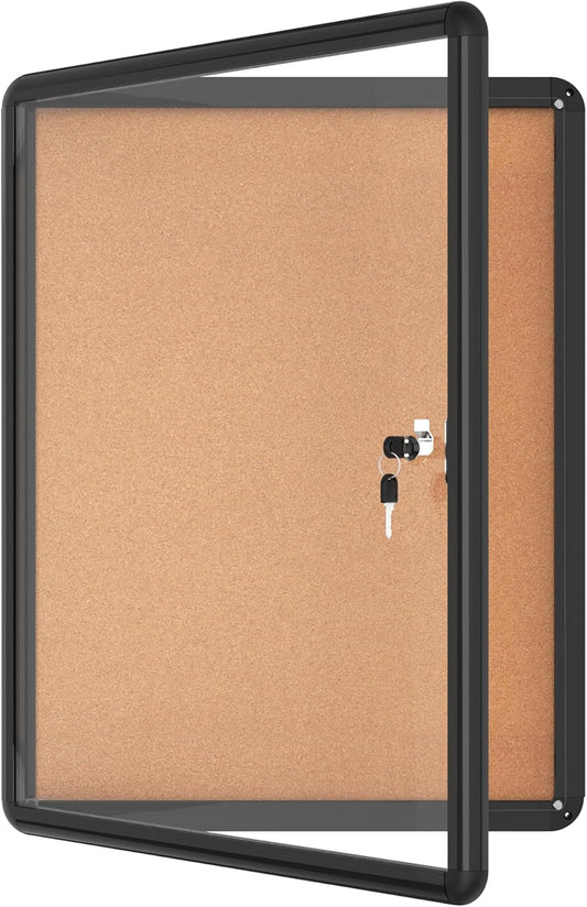 26"x20" Enclosed Bulletin Board, Lockable Weather-Resistant Aluminum Cork Noticeboard for School & Office, Black Frame w/Cork