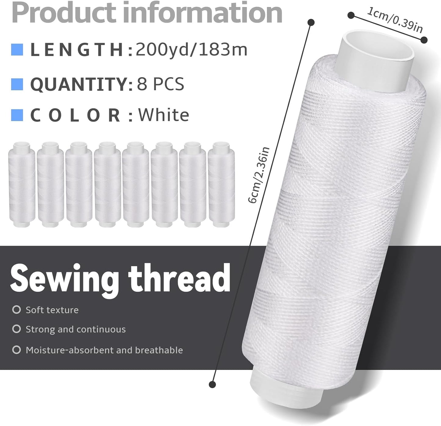 Bupete 8 Rolls White Thread for Sewing, 200 Yards Each Roll Sewing Thread, Polyester Threads for Sewing Machine Embroidery Hand Stitching