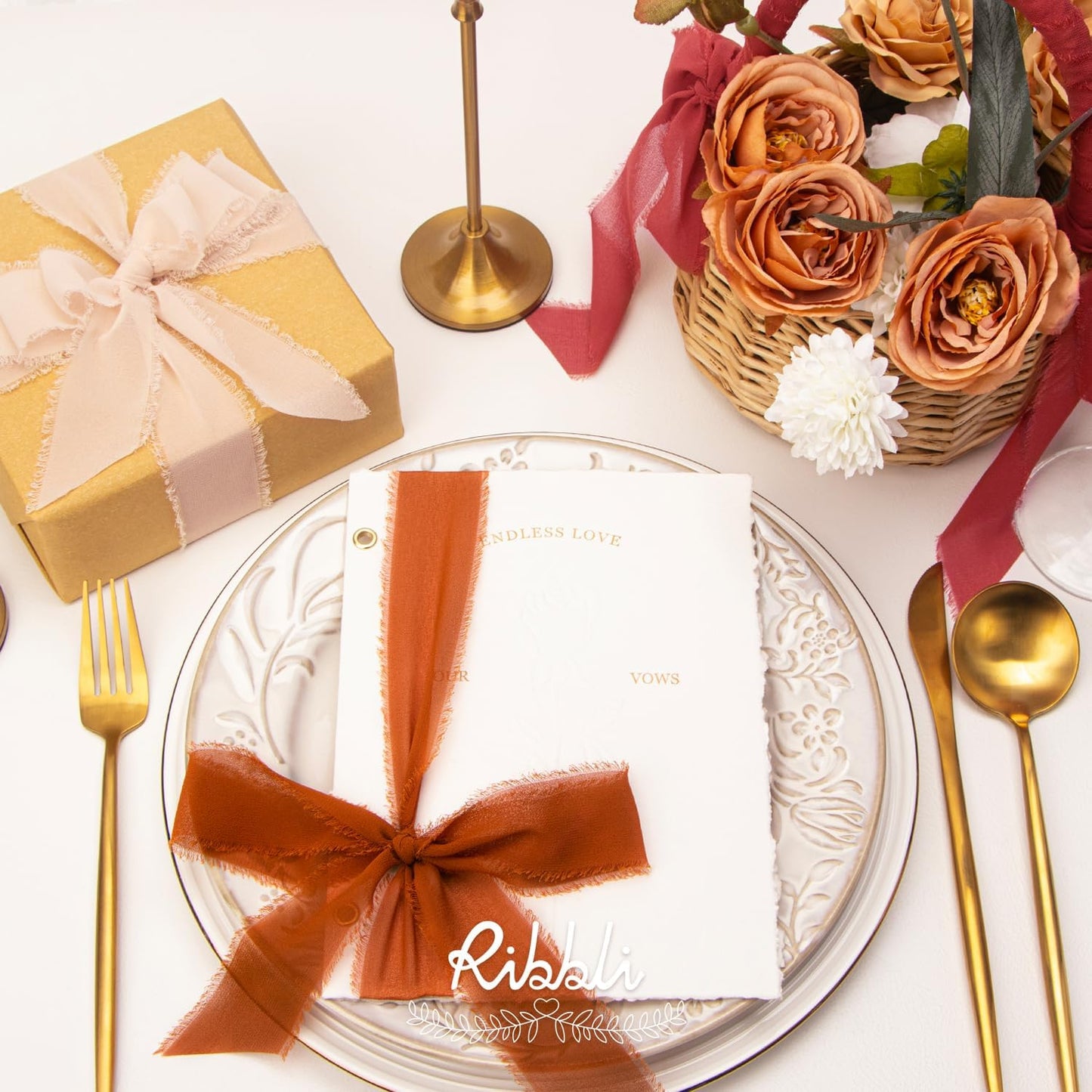 Ribbli Chiffon Silk Ribbon, 1.5 inch x 30 Yard, Champagne/Terracotta/Rust Red Fringe Chiffon Fall Ribbon for Wedding Invitations, Bridal Bouquets Wrapping, Flower Arrangement Decoration