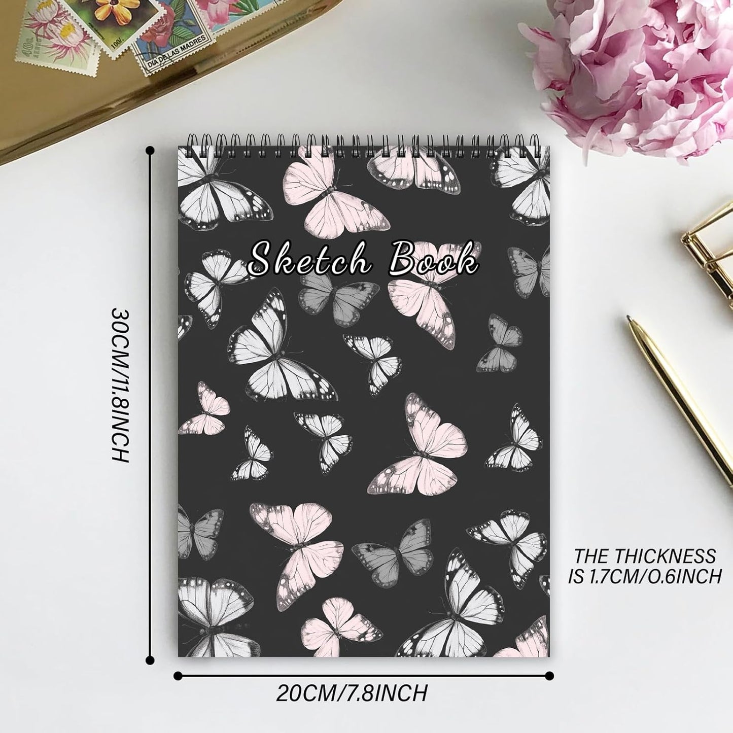 Deokke Sketchbook Top Spiral Bound Sketch Pad, 9 x 12 inch,100GSM Thick Paper,50 Sheets 100 Pages,Art Sketch Book Aesthetic Cute Drawing Writing Paper for Girls Women-Pink Gray Butterfly