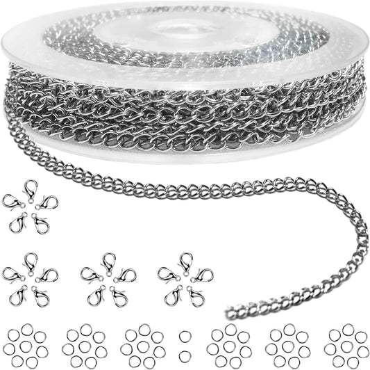 Jishi 33ft Necklace Extender Chain 3mm Silver Stainless Steel Curb Link Chain for Jewelry Making, Bracelet Necklace Extender DIY, Keychain Craft Supplies, Metal Chain Roll w/Lobster Clasps, Jump Rings