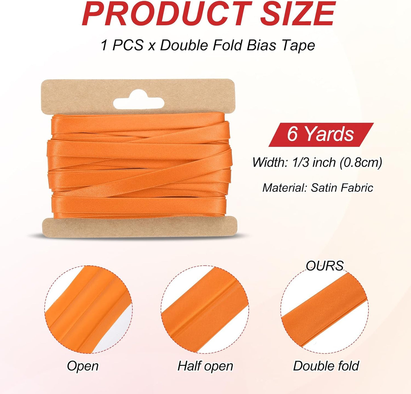 MECCANIXITY Double Fold Bias Tape for Sewing 1/3 Inch x 6 Yards Satin Pre-fold Continuous Binding Tape for Seaming Quilting Hemming Binding DIY Crafts, Orange