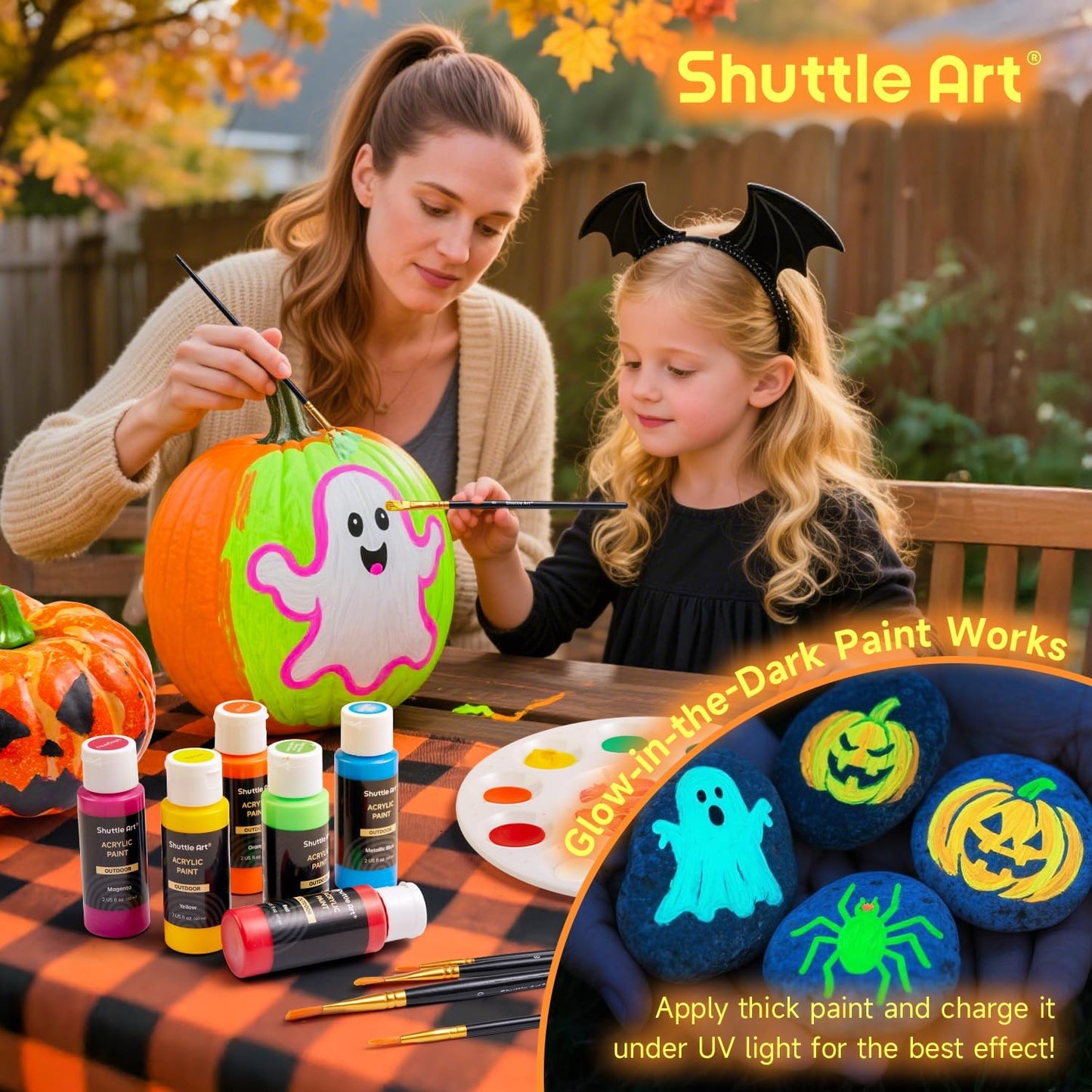 Shuttle Art 25 Colors Outdoor Acrylic Paint Set, 2oz/60ml Waterproof Acrylic Paint with 10 Brushes 1 Palette, Rich Pigmented Paints for Artists, Beginners on Rocks, Wood Crafts, Garden Statues