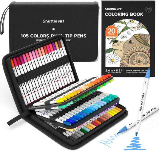 Shuttle Art Dual Tip Brush Marker Pens, 105 Colors Fine and Brush Tip Markers Set in Portable Case with 1 Coloring Book for Kids, Water-based Ink Adult Artist Coloring Calligraphy Journal Doodling