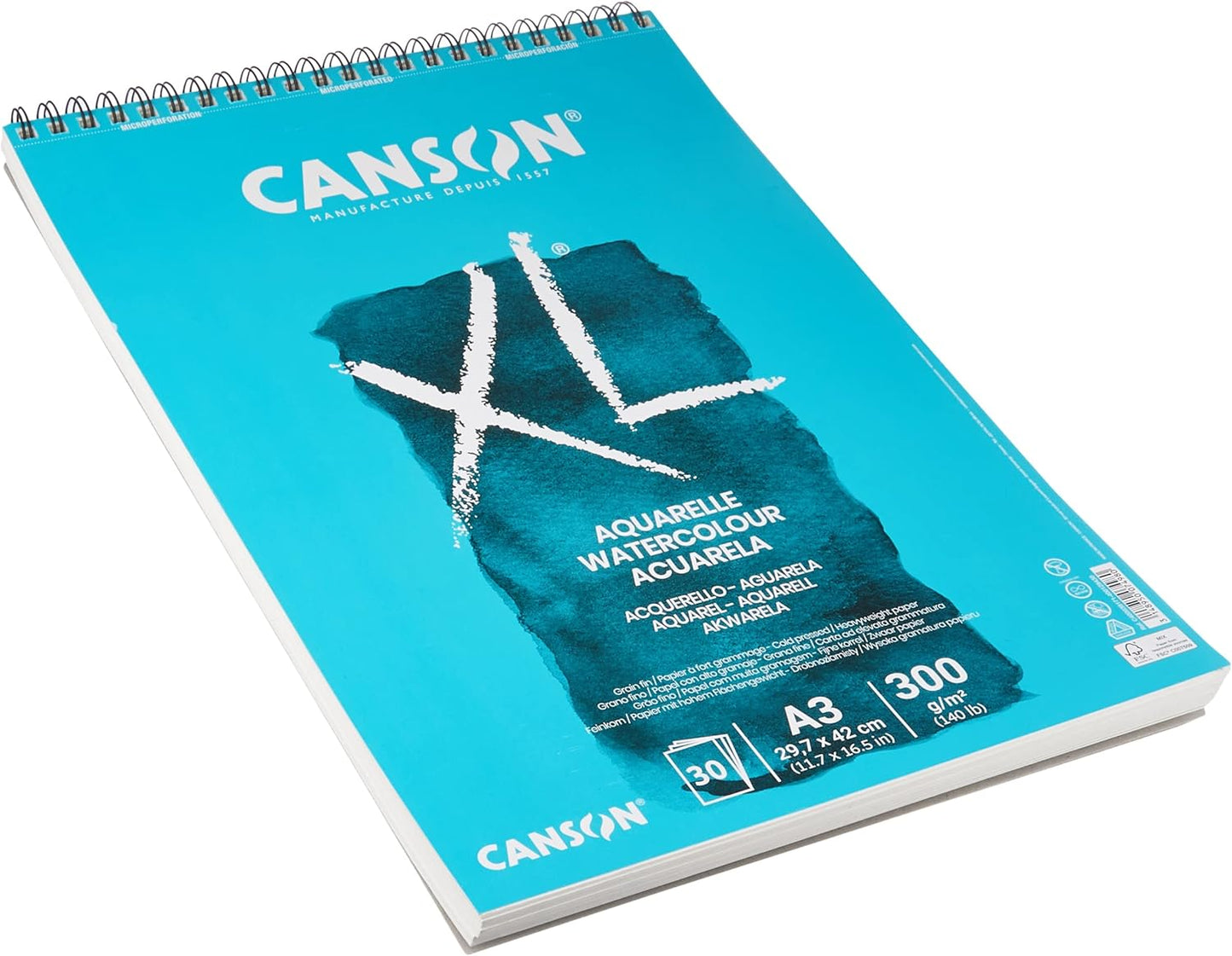 Canson XL Watercolour 300gsm A3 Paper, Cold Pressed, Spiral Pad Short Side, 30 White Sheets, Ideal for Professional Artists