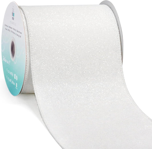 CT CRAFT LLC Glitter Wired Ribbon 4" x 10 Yards White for Christmas Home Decor Bow Gift Wrapping DIY Crafts Wreath