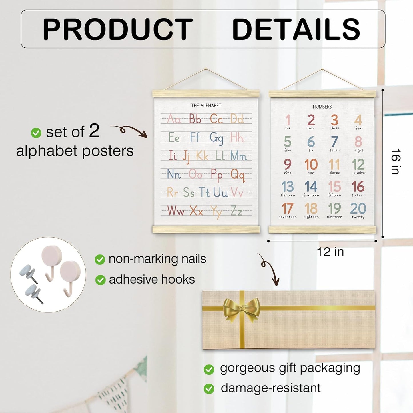 BONETAT Numbers alphabet poster for Nursery Toddlers, Play Room Wall Decor, ABC Wall Chart, Wall Hanging Decor for Toddler Playroom Decor Kids Wall Decor, Wooden Alphabet Banner-A02