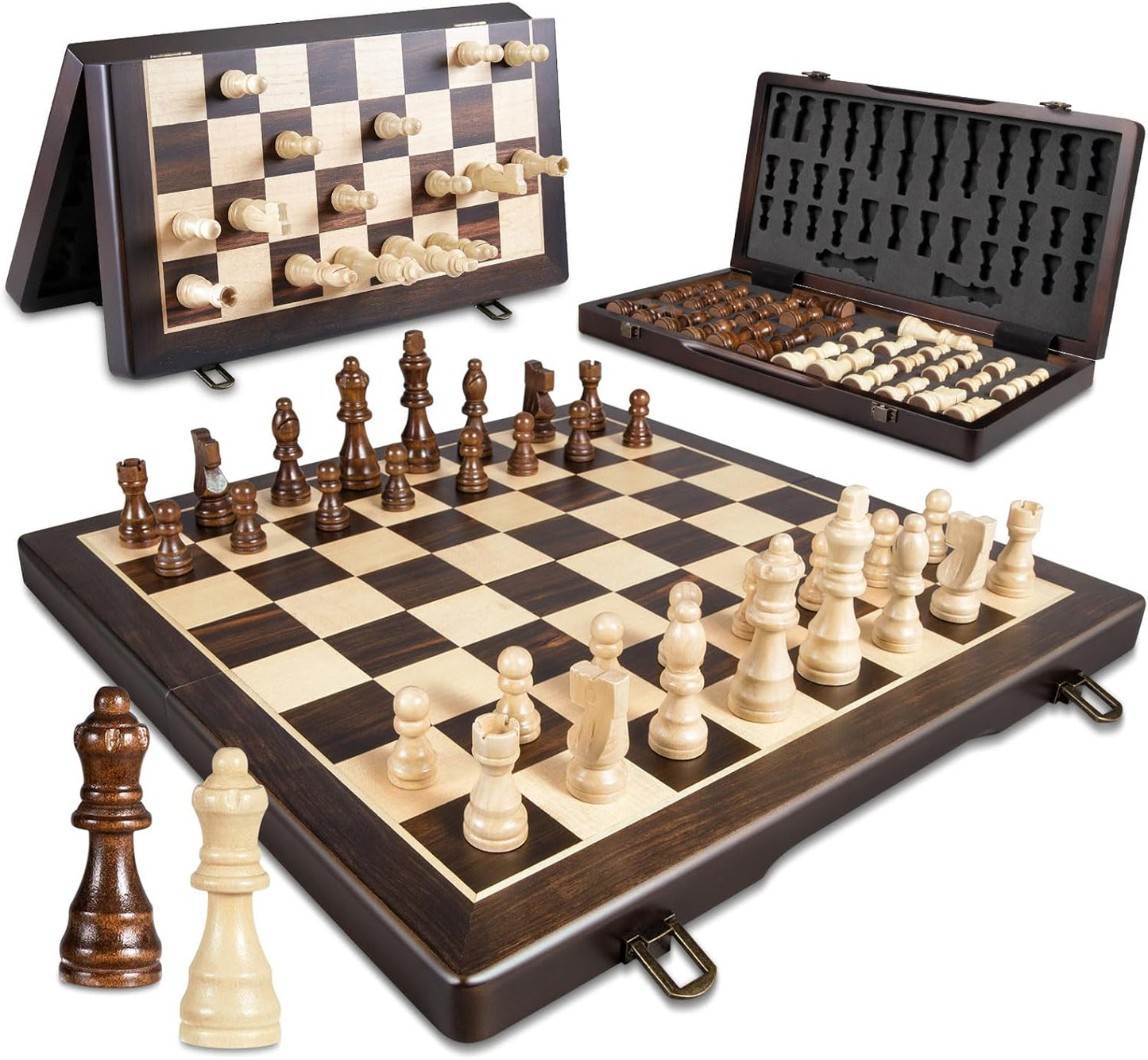 Magnetic Wooden Chess Set for Adults Kids,15" Folding Chess Board with Wood Texture 2 Extra Queens - Handmade Pieces Travel Board Games for Professional Beginner