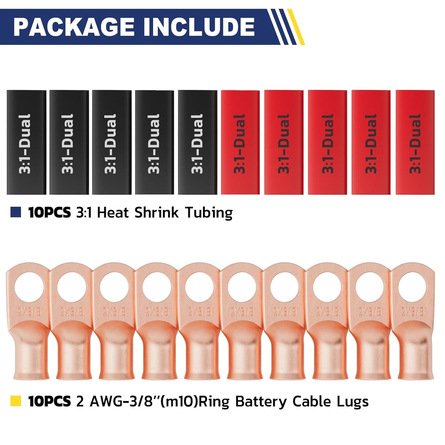 haisstronica 10pcs 2 AWG - 3/8" (M10) Battery Cable Lugs, Heavy Duty Copper Wire Lugs with 10pcs 3:1 Adhesive Heat Shrink Tubing, 2 Gauge Wire Connectors Battery Terminal Connector, Battery Cable Ends