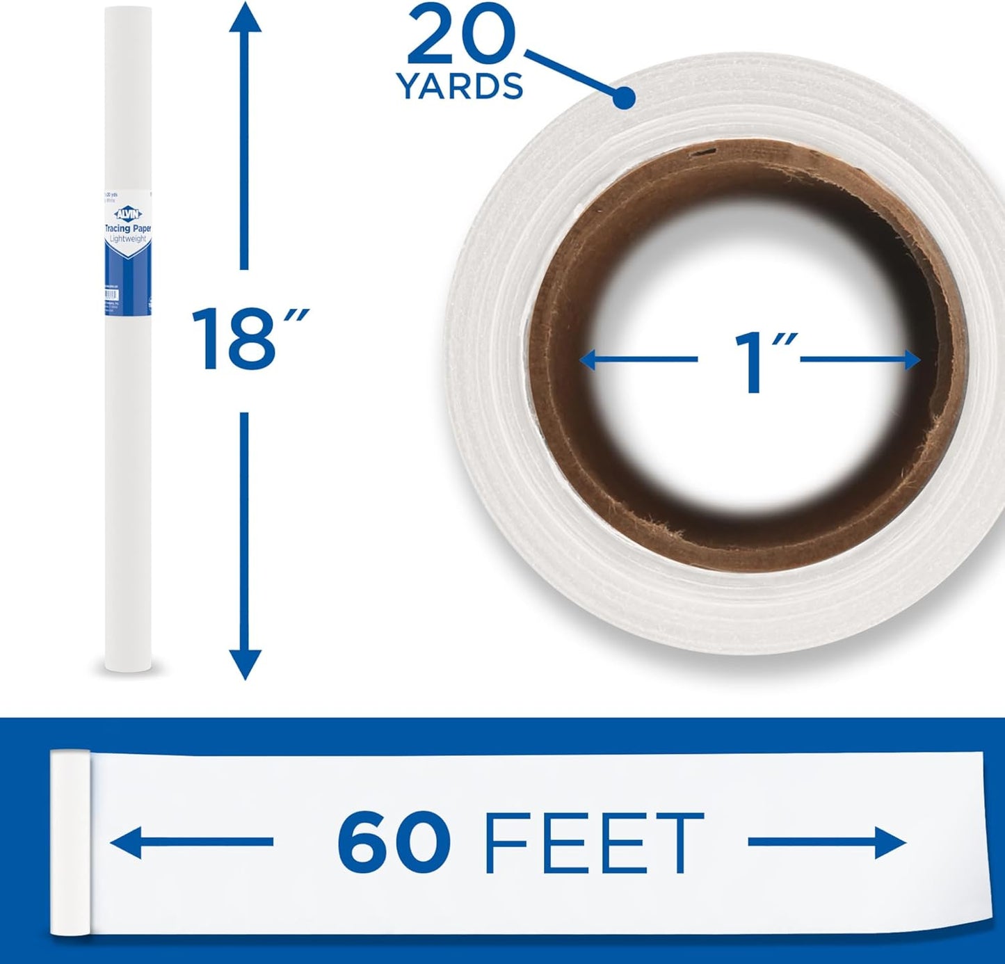 ALVIN 55W-C Lightweight Tracing Paper Roll, White, Suitable with Ink, Charcoal, Felt Tip Pen, for Sketching or Detailing - 18 Inches, 20 Yards, 1-inch Core
